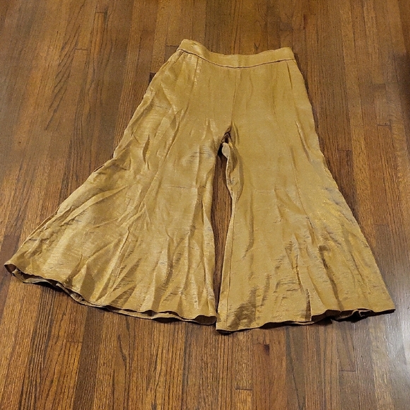 elevenses Pants - Elevenses By Anthropologie Shimmering Gold Wide Leg Cropped Trousers